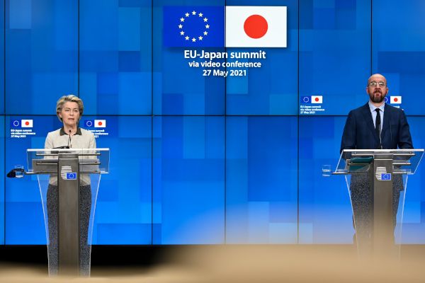 Präsidentin der Europäischen Kommission Ursula von der Leyen, Präsident des Europäischen Rates Charles Michel