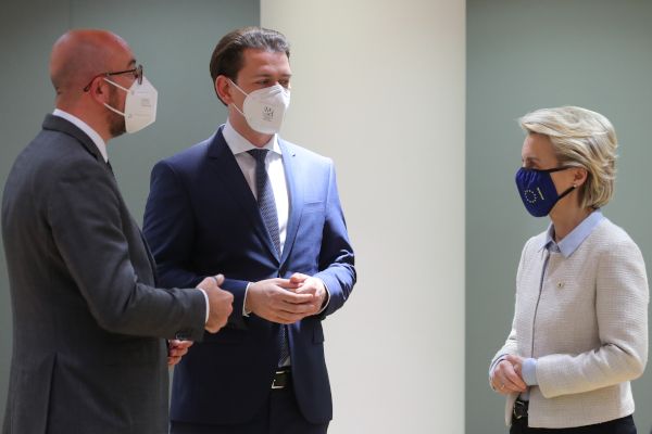 Präsident des Europäischen Rates Charles Michel, Bundeskanzler Sebastian Kurz, Präsidentin der Europäischen Kommission Ursula von der Leyen