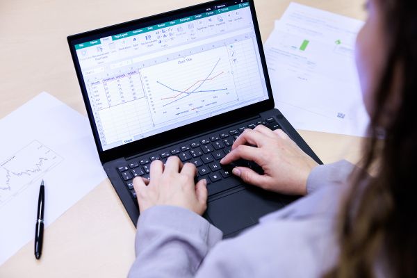 Frau arbeitet an einem Laptop mit Tabellenkalkulationsprogramm