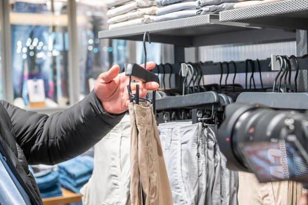 Person sieht sich Hose im Geschäft an