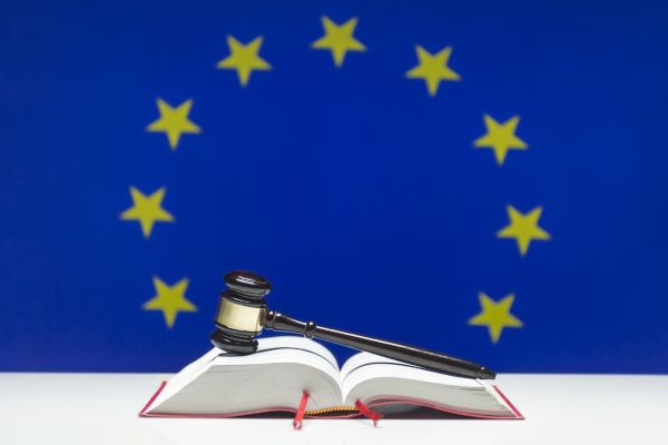 Foto: Ein Richterhammer der auf einem Gesetzbuch liegt, im Hintergrund ist die Flagge der EU
