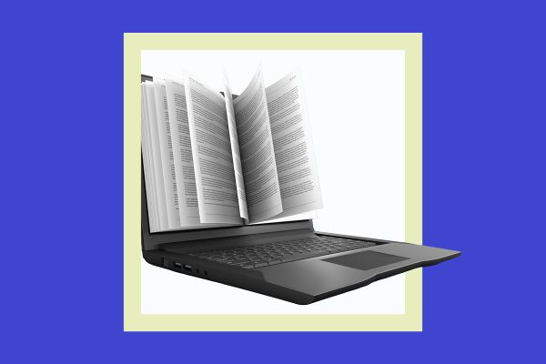 Ein aufgeklappter Laptop; aus dem Bildschirm des Laptops kommt ein geöffnetes Buch heraus.