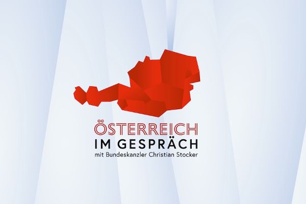 Österreich im Gespräch mit Bundeskanzler Christian Stocker, mit illustrierter Landkarte von Österreich.