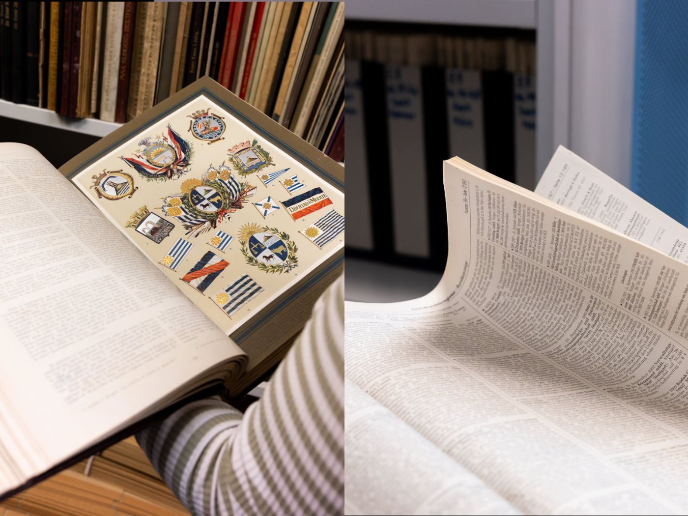 Left: a person is holding an open book their hands, displaying coats of arms and flags on its pages; right: An individual browses through the pages of a book