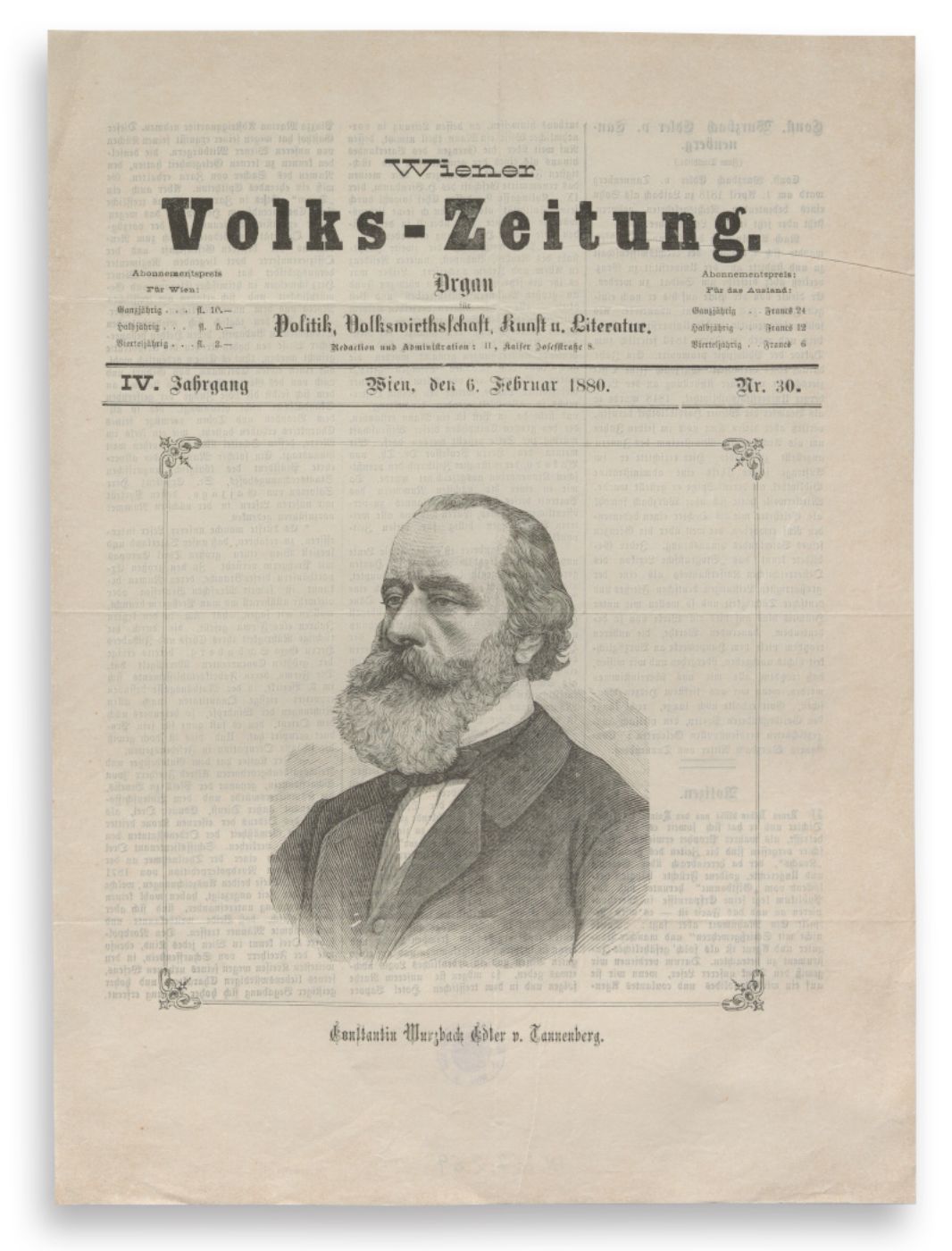 The front page of the “Neue Illustrirte Zeitung” shows a portrait of Constantin Wurzbach (librarian, lexicographer and writer)