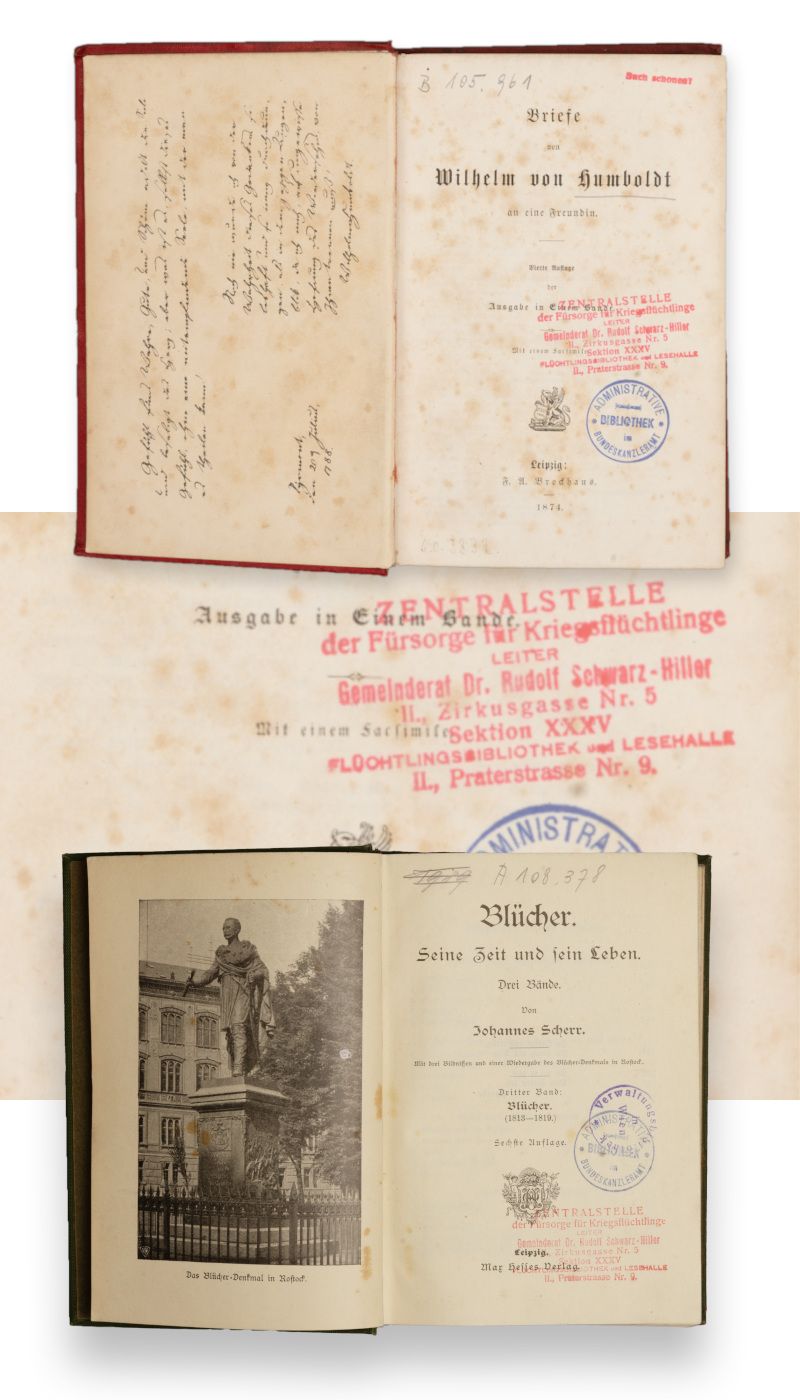 Top: Book from the collection of the Central Office for the Welfare of War Refugees; middle: Close-up of the stamps of the Central Office for the Welfare of War Refugees and the Administrative Library; bottom: The front page of a book from the collection of the Central Welfare Office for War Refugees