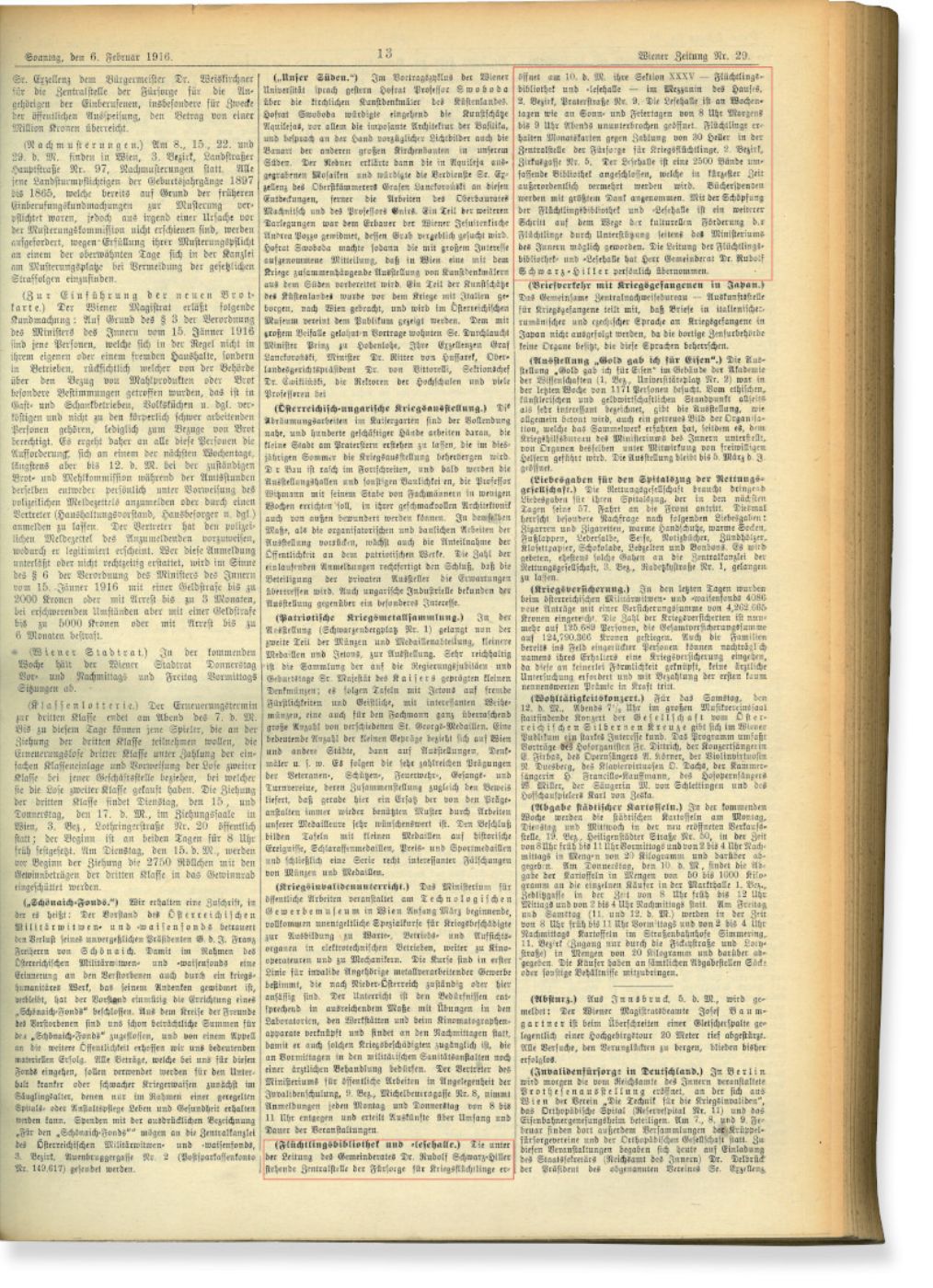 Newspaper clipping from the Wiener Zeitung dated 6 February 1916