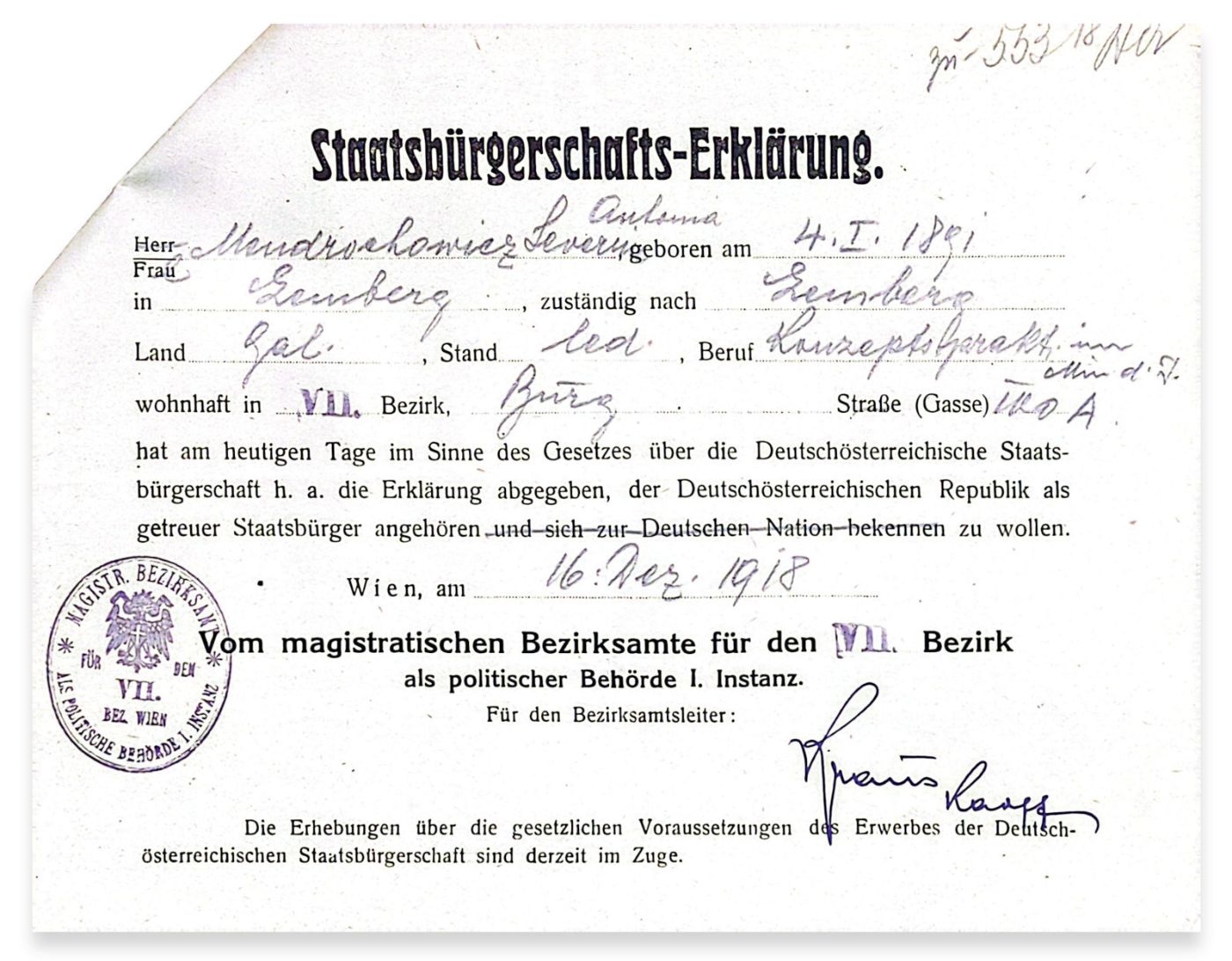 Declaration of citizenship by Severa Mendrochowicz, Deputy Director of the Administrative Library