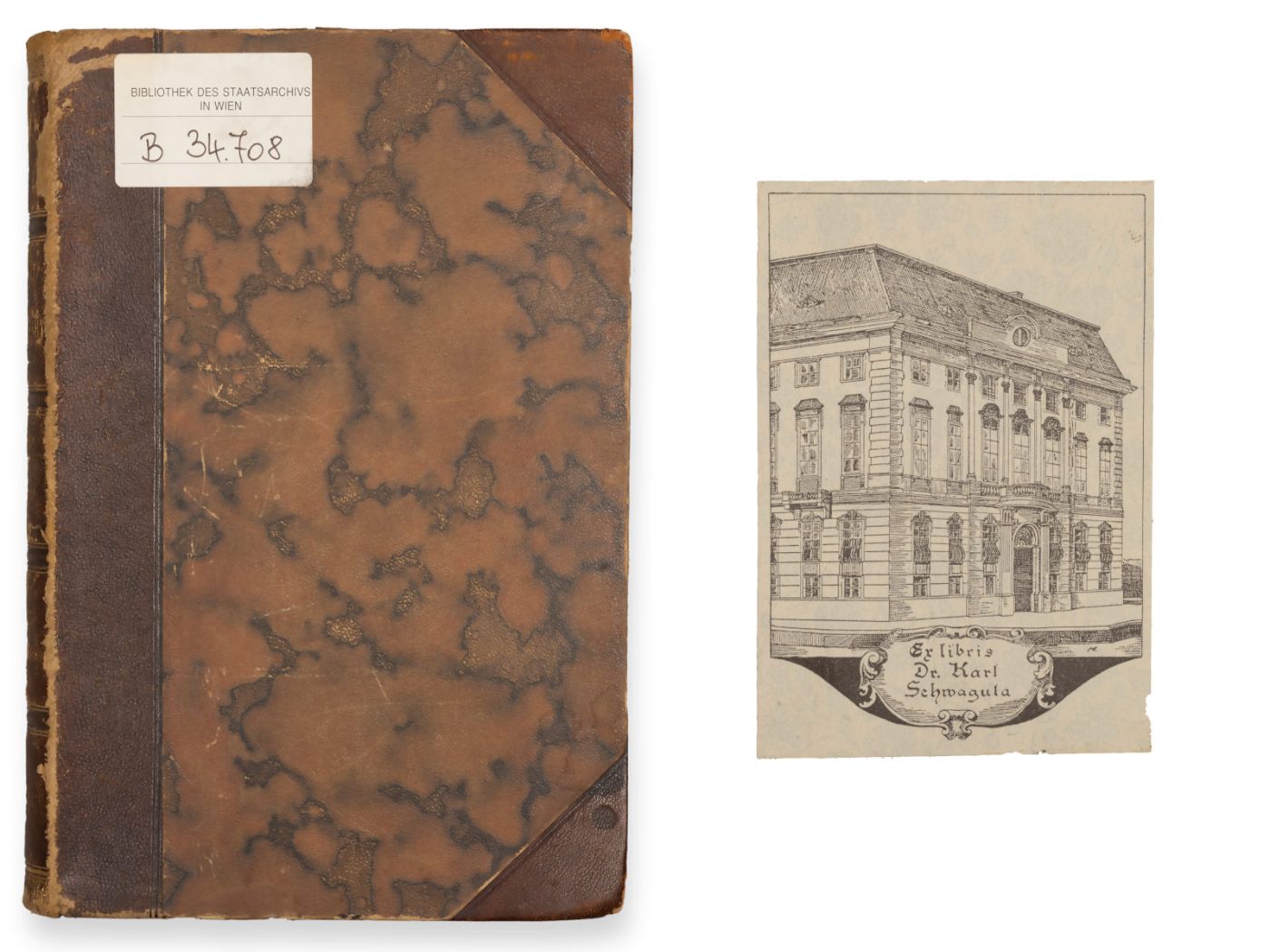 Book with brown cover and bookplate by Dr. Karl Schwagula with an image of the Federal Chancellery, Ballhausplatz 2