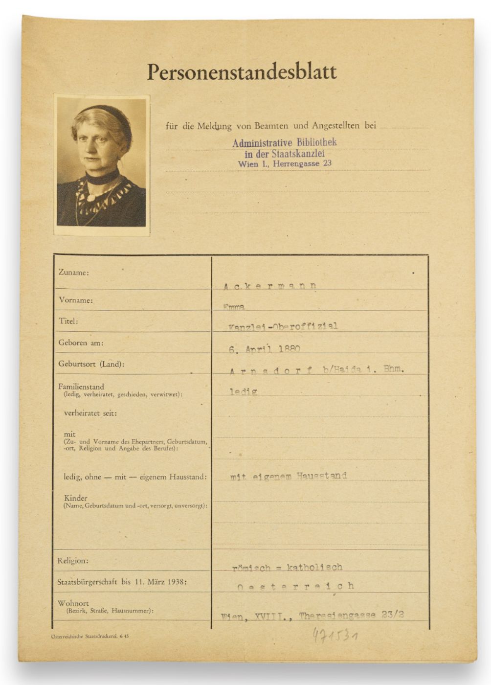 Personnel record of Emma Ackermann with photo and personal details