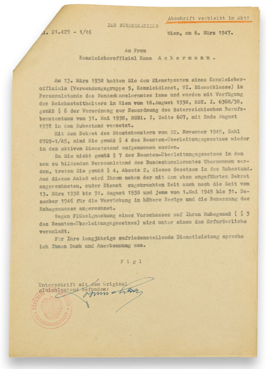 Detail from Emma Ackermann's personnel file