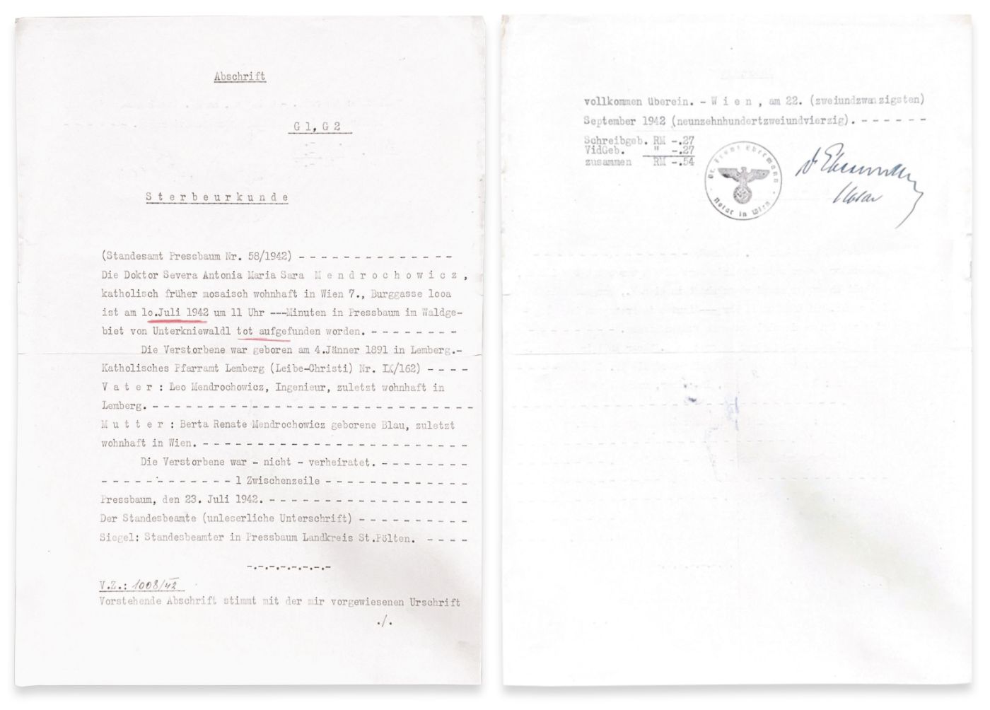 Death certificate of Severa Mendrochowiczof