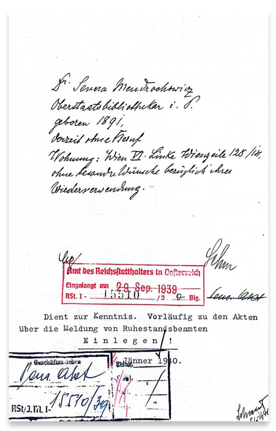 Handwritten notes from the Reich Governor’s office regarding the forced retirement of Severa Mendrochowicz