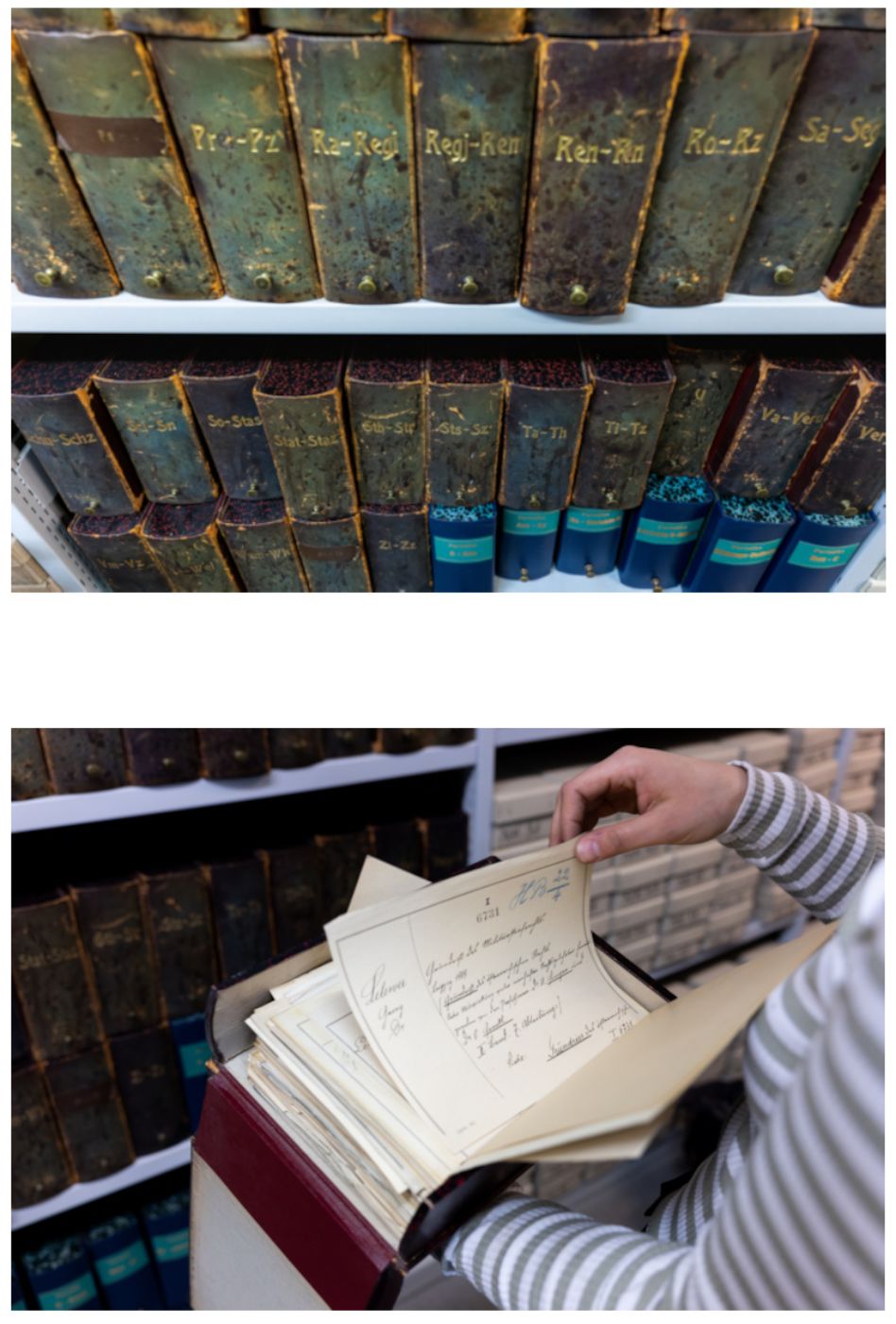 Top: The capsules from the capsule catalogue on a shelf; bottom: A person browsing through the capsule catalogue