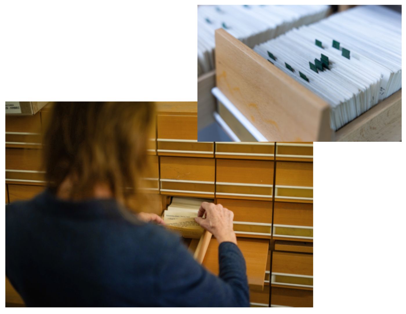 Top: An open drawer with sorted catalogue cards; bottom: A person browsing through the catalogue cards