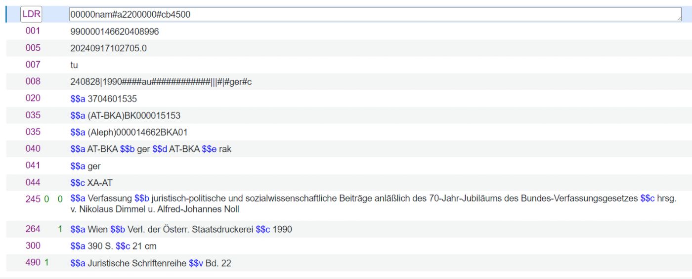 Screenshot: electronic index card in the Alma library system (MARC21 format)