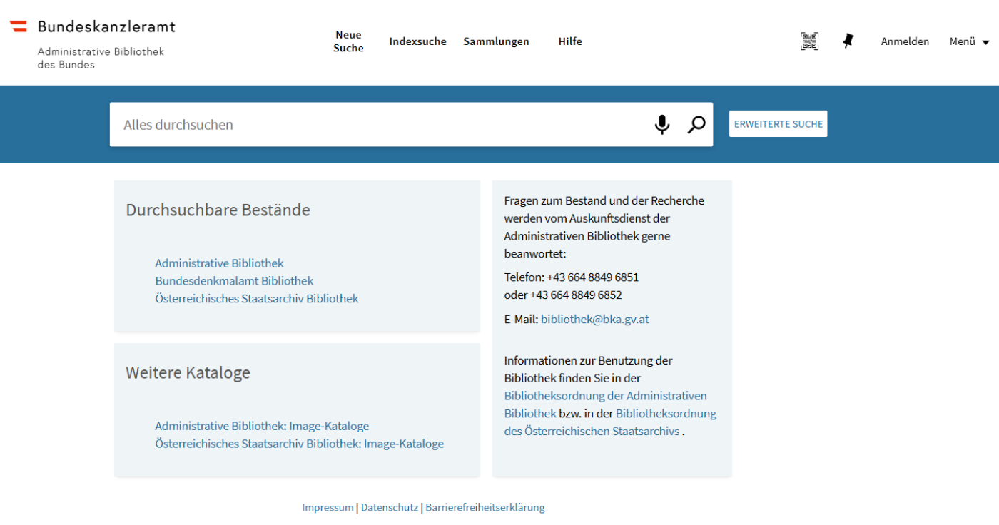 Screenshot Homepage online catalogue of the Administrative Library