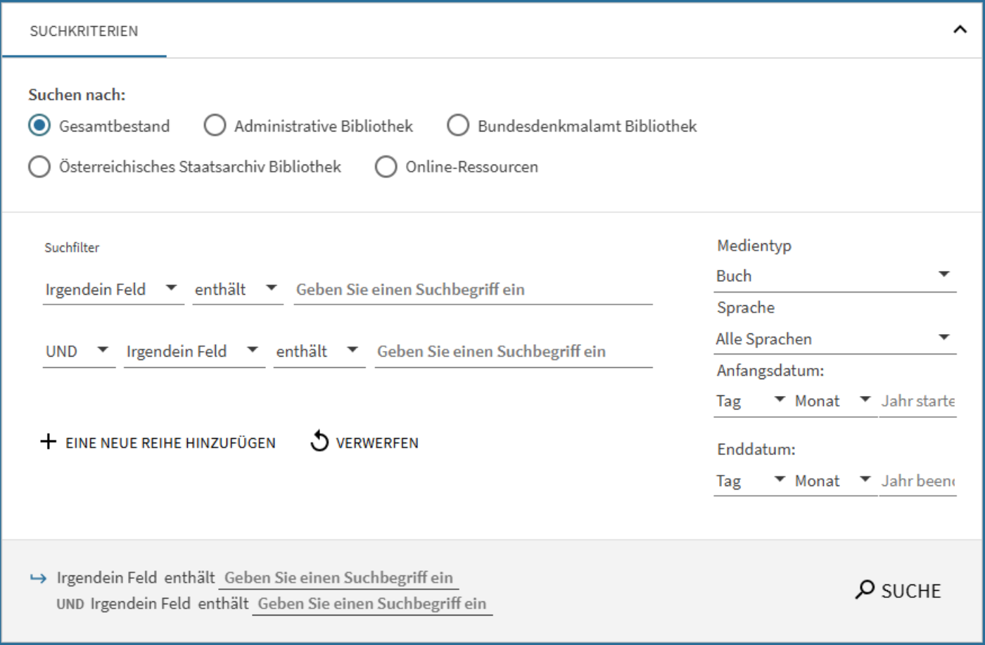 Screenshot extended search in the online catalogue of the Administrative Library