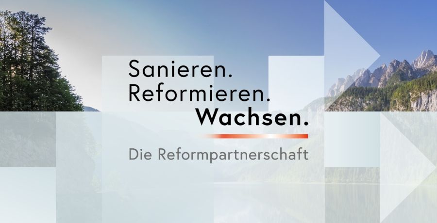 Sujet mit Text "Sanieren. Reformieren. Wachsen. Die Reformpartnerschaft", im Hintergrund ist eine Berglandschaft mit See abgebildet.
