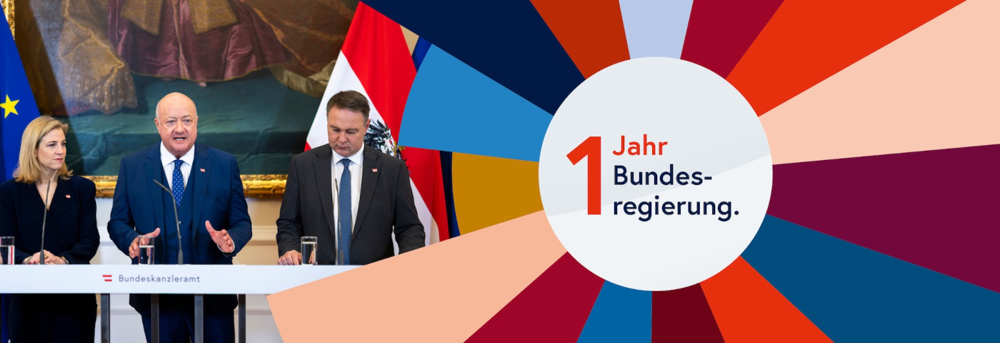 Bundeskanzler Christian Stocker, Vizekanzler Andreas Babler und Außenministerin Beate Meinl-Reisinger bei einer Pressekonferenz mit dem Logo 1 Jahr Bundesregierung