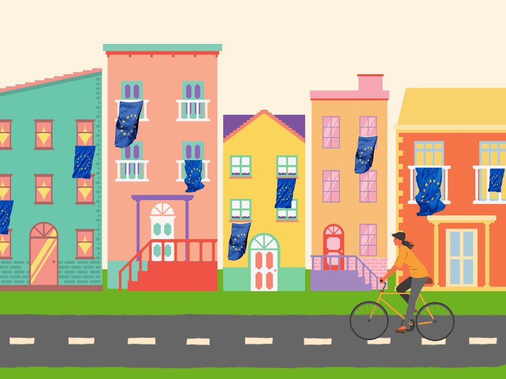 Illustration einer Radfahrerin vor Häusern die mit Flaggen der Europäischen Union geschmückt sind