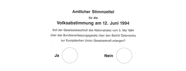 Muster des amtlichen Stimmzettels für die Volksabstimmung am 12. Juni 1994 über den Beitritt Österreichs zur EU. Text: "Amtlicher Stimmzettel für die Volksabstimmung am 12. Juni 1994). Soll der Gesetzesbeschluss des Nationalrats vom 5. Mai 1994 über das Bundesverfassungsgesetz über den Beitritt Österreichs zur Europäischen Union Gesetzeskraft erlangen?"