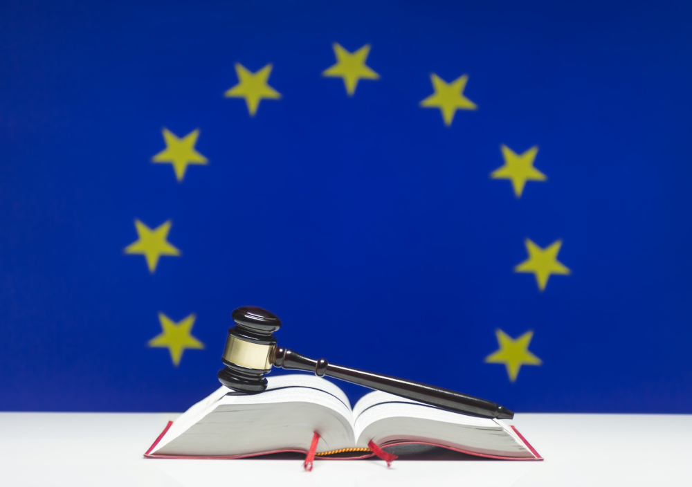 Foto: Ein Richterhammer der auf einem Gesetzbuch liegt, im Hintergrund ist die Flagge der EU