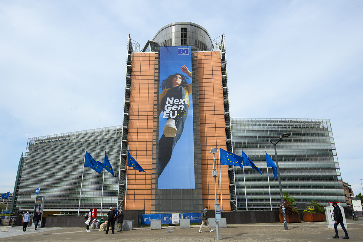 The new banner NextGenerationEU on the front of the Berlaymont building