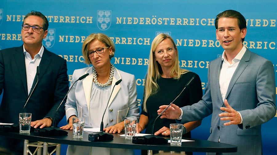 Bundeskanzler Kurz, Vizekanzler Strache, Bundesministerin Bogner-Strauß und Landeshauptfrau Mikl-Leitner bei der Pressekonferenz