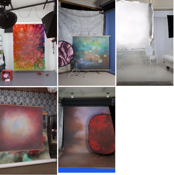 Studio Settings, 2015/16, 5 von 5 Pigment Prints auf polytextilem Banner, je 150 x 220 cm