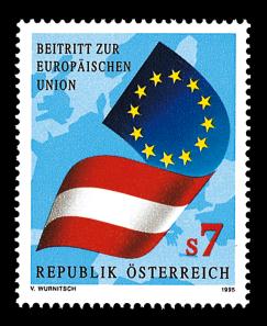 Sonderpostmarke zum Beitritt Österreichs zur Europäischen Union, Ausgabe Jänner 1995. Text: "Beitritt zur Europäischen Union - Republik Österreich".
