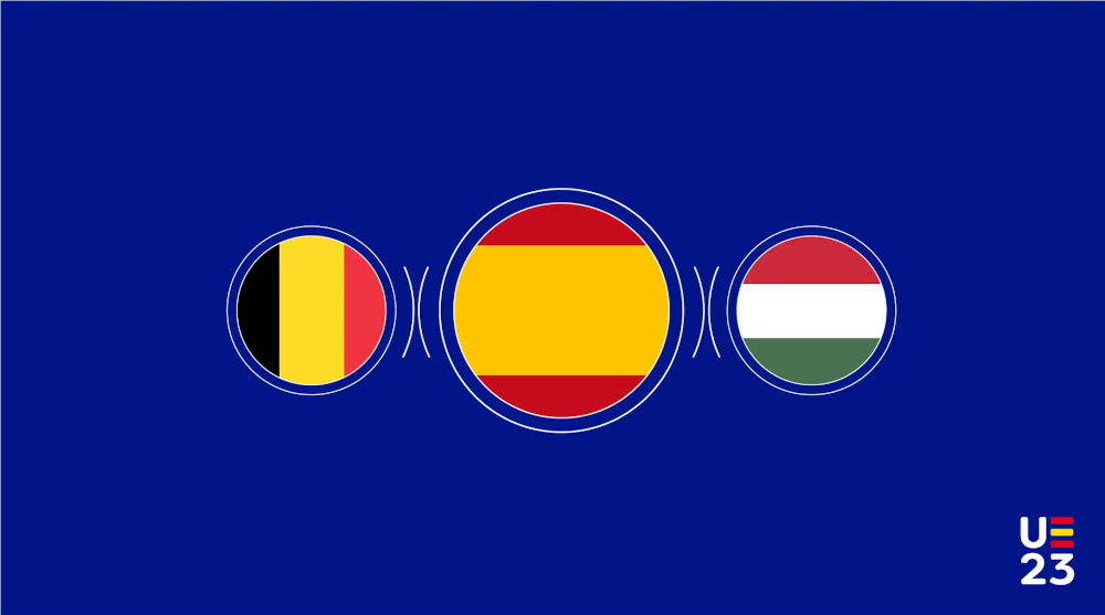 Logo Trio-Ratspräsidentschaft bestehend aus den Flaggen Belgiens (links), Spaniens (mitte) und Ungarns (rechts)