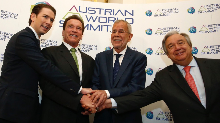 Sebastian Kurz, Arnold Schwarzenegger, Alexander van der Bellen und Antonio Guterres @BKA/Dragan Tatic