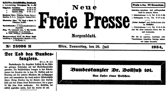 Titelblatt der "Freien Presse" zum Tod von Dollfuß