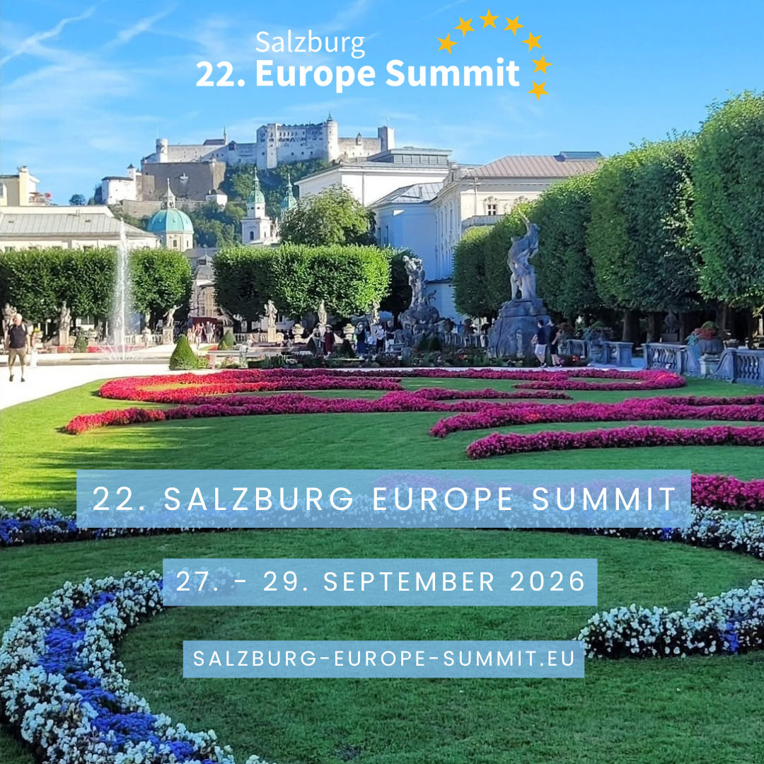 Foto: Schlosspark Mirabell, im Hintergrund die Festung Salzburg. Schriftzug "22. Europe Summit, 27. - 29. September 2026, Salzburg- Europe-Summit-EU"