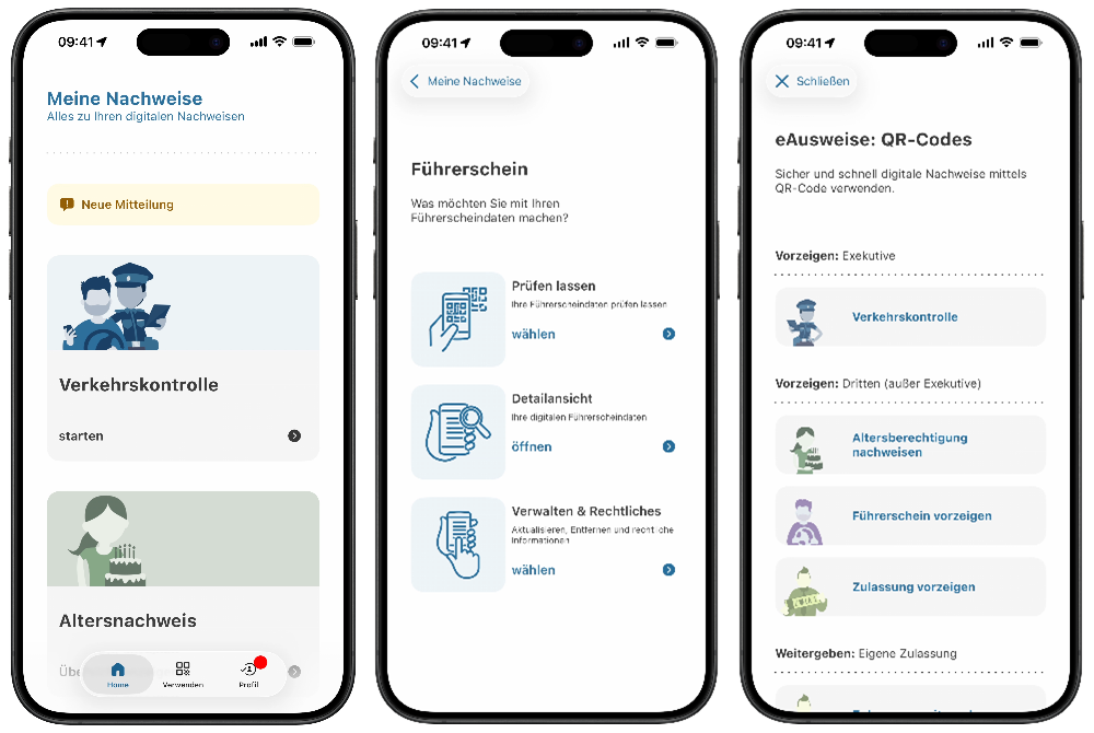 Smartphone-Screenshots der Bereiche Meine Nachweise, Führerschein und QR-Codes in der App eAusweise
